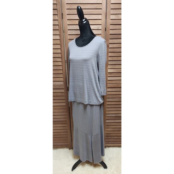 Chalet Women's Gray Striped Midi Skirt 3/4 Sleeve Top Set Size Large Made In USA - Picture 5 of 9